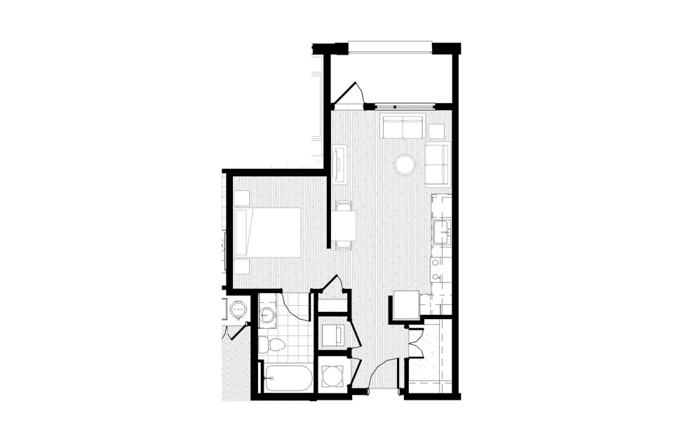S5 - Studio floorplan layout with 1 bath and 569 square feet.